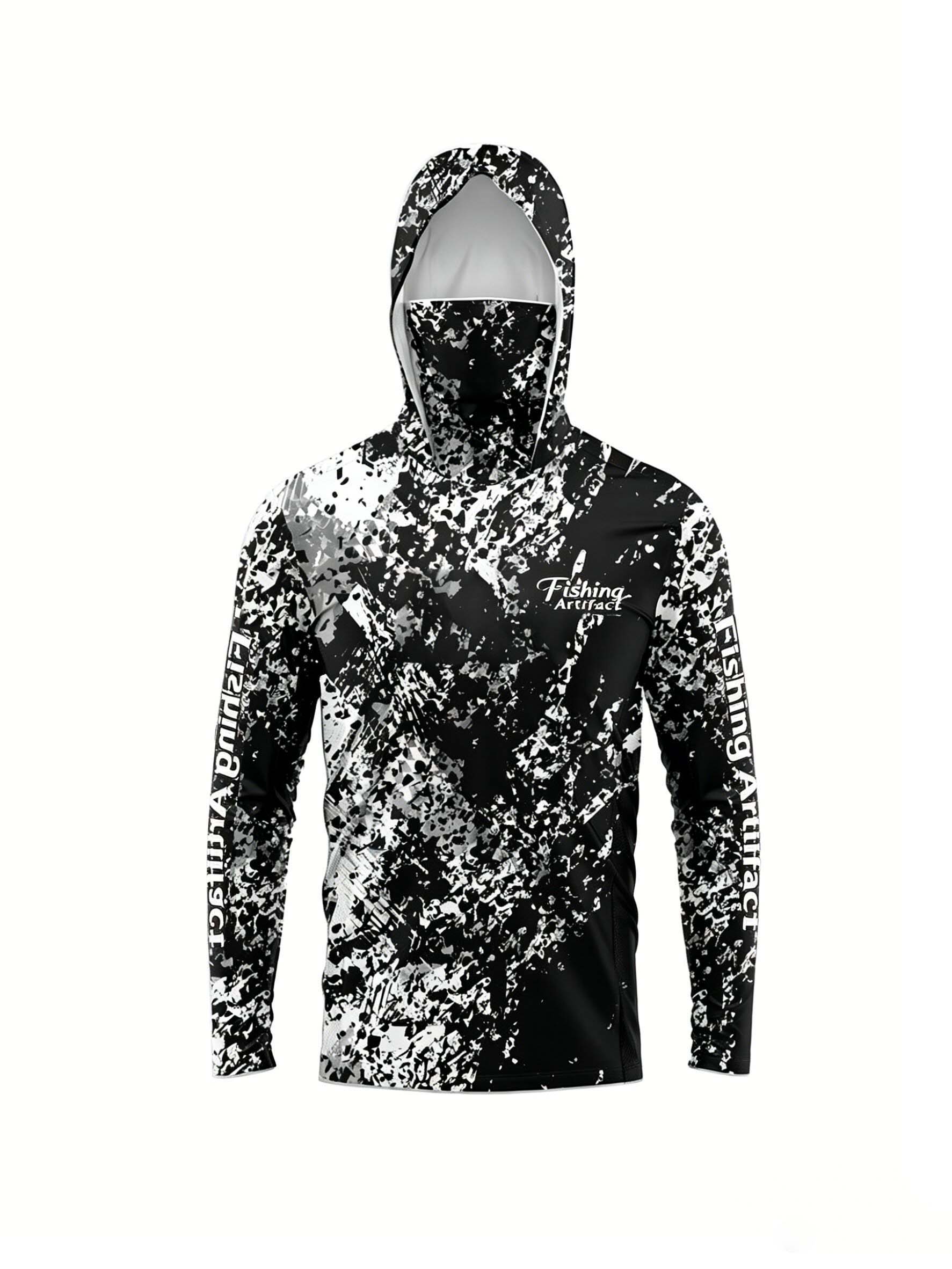 3D Printing Kpop - เสื้อฮู้ดตกปลาสำหรับผู้ชายลายพิมพ์ 3D พร้อมหน้ากาก ลายพรางสีดำขาว แห้งเร็ว ระบายอากาศได้ดี