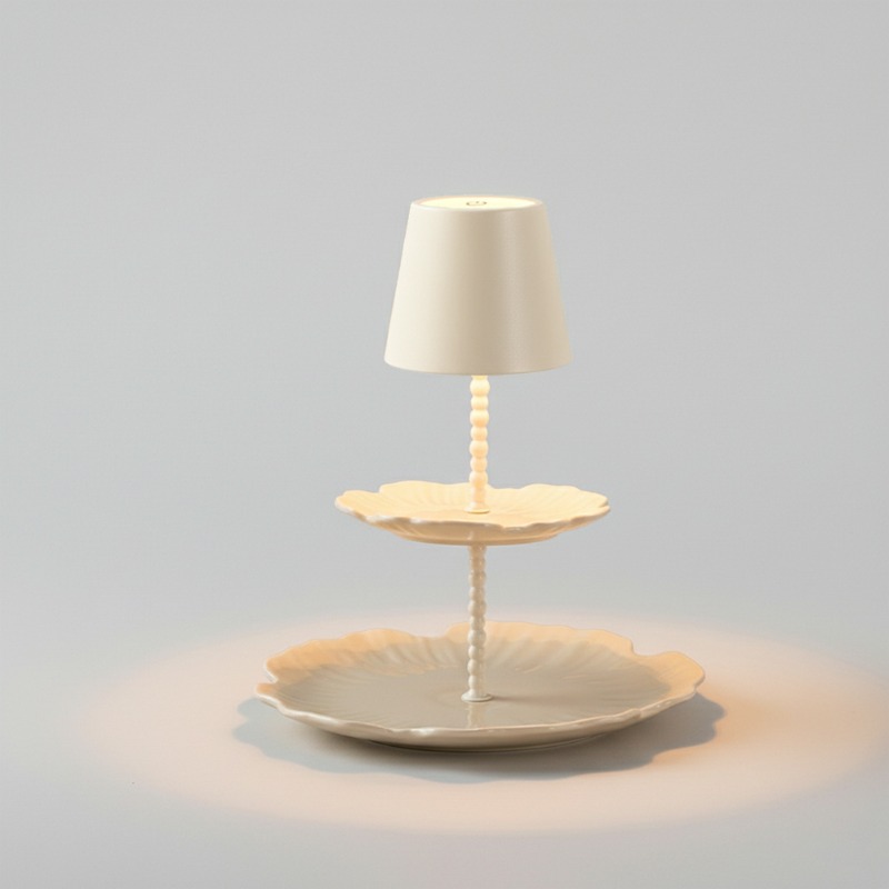 3D Printing Lamp - โคมไฟตั้งโต๊ะแผงลายดอกไม้เคลือบเซรามิกสีครีมขาว ปรับความสว่างแบบสัมผัส ขั้วหลอด E14 หลอดไฟ LED